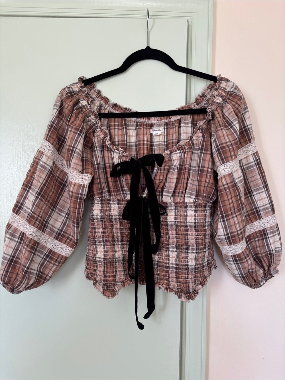 Plaid Smocked Peasant Blouse with Velvet Bow Tie